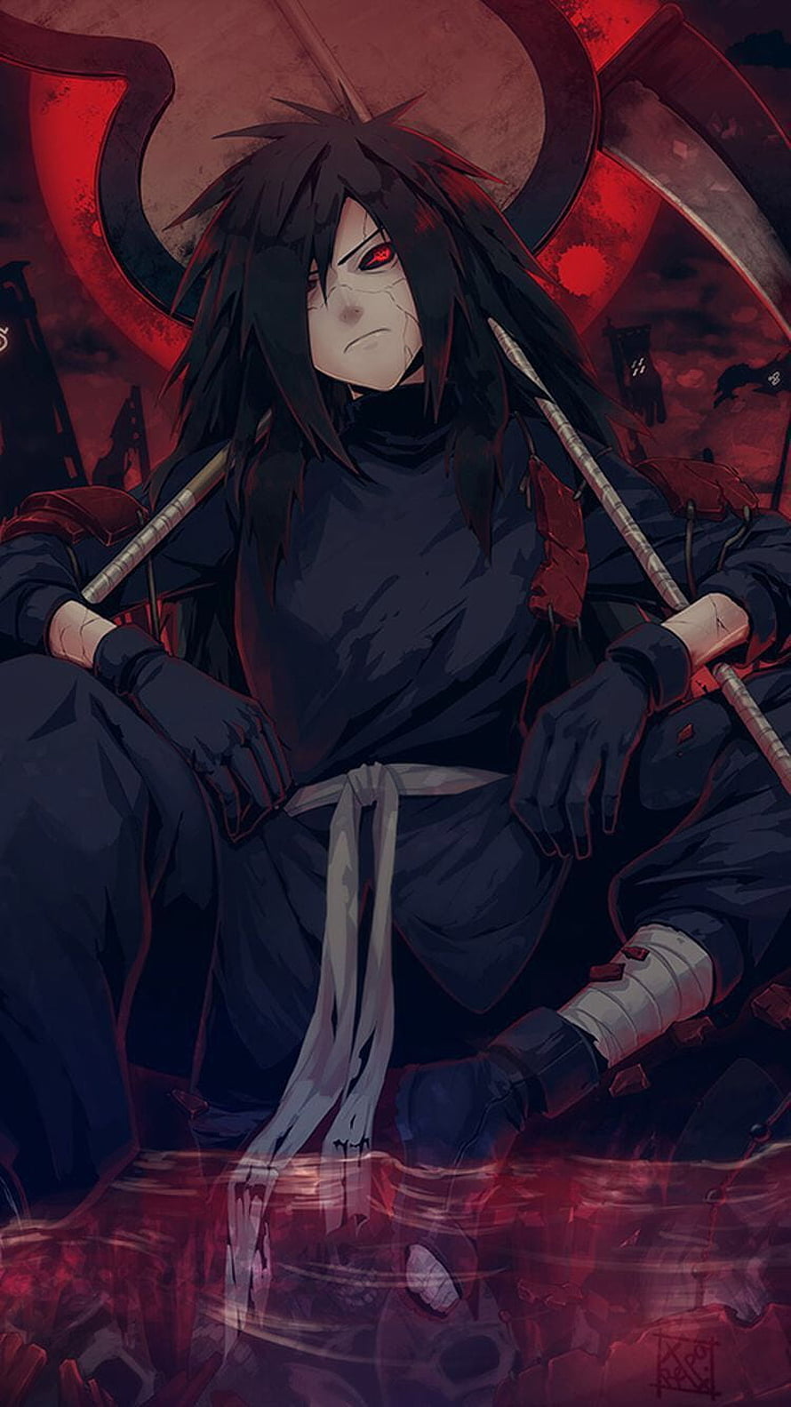 Uchiha Madara Anime Character Sitting in Dark Red Battlefield with Scythe HD phone wallpaper