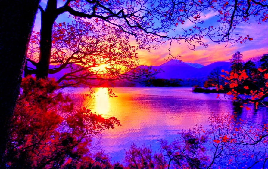 Vibrant Sunset Over a Serene Lake with Autumn Foliage and Distant Mountains HD wallpaper