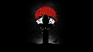 Itachi Uchiha Silhouette Against Red Sun and White Moon in Dark Minimalist Art HD wallpaper