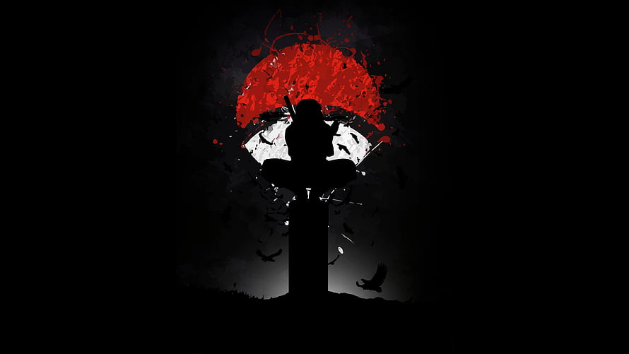 Itachi Uchiha Silhouette Against Red Sun and White Moon in Dark Minimalist Art HD wallpaper