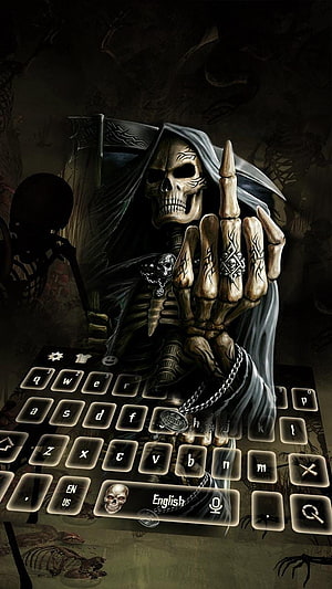 Grim Reaper Skeleton with Keyboard Theme, Dark Fantasy Skull and Bones Digital Art HD phone wallpaper