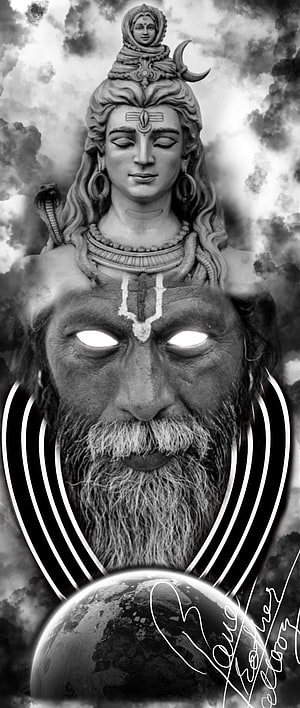 Black and White Shiva and Aghori Digital Art with Glowing Eyes and Earth HD phone wallpaper