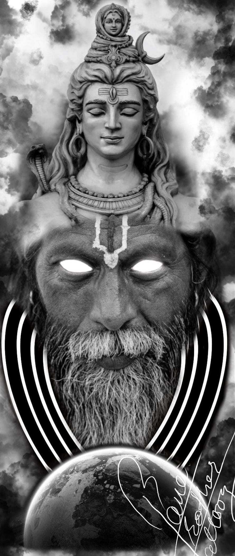 Black and White Shiva and Aghori Digital Art with Glowing Eyes and Earth HD phone wallpaper