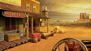 Old Wild West Saloon Scene with Wooden Barrels and Desert Canyon Landscape HD wallpaper