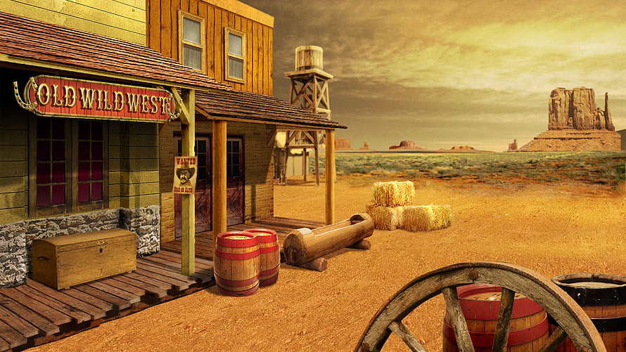 Old Wild West Saloon Scene with Wooden Barrels and Desert Canyon Landscape HD wallpaper