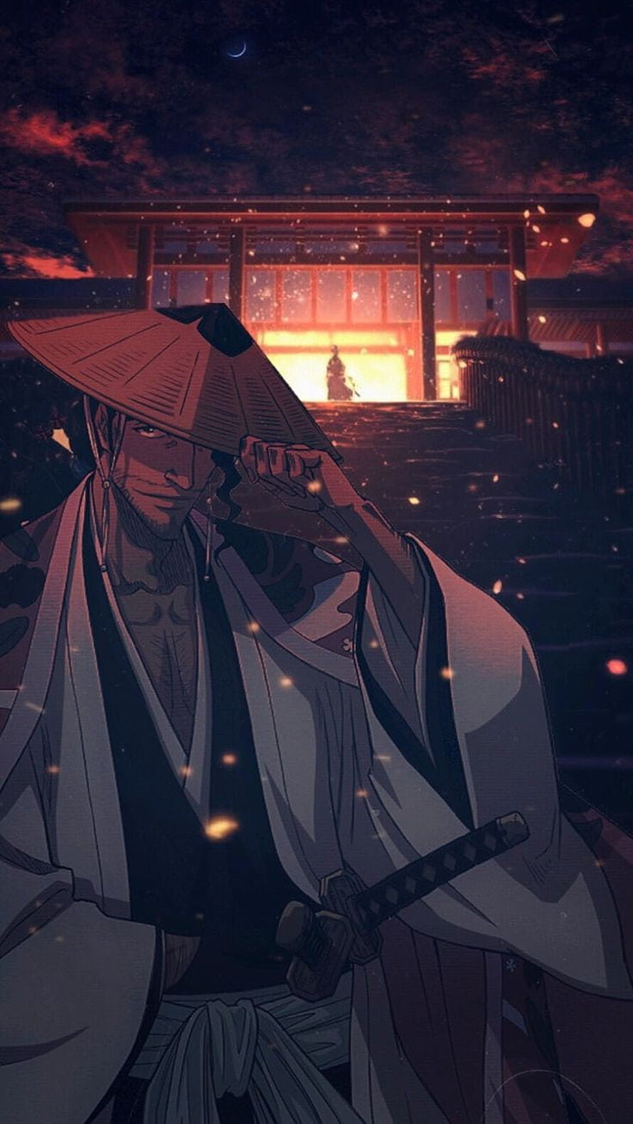 Shunsui Kyoraku from Bleach in Traditional Attire Before a Torii Gate at Night HD phone wallpaper