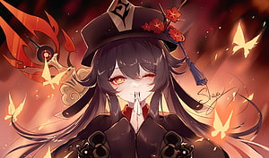 Hu Tao from Genshin Impact in a dark hat with red flowers and glowing butterflies HD wallpaper