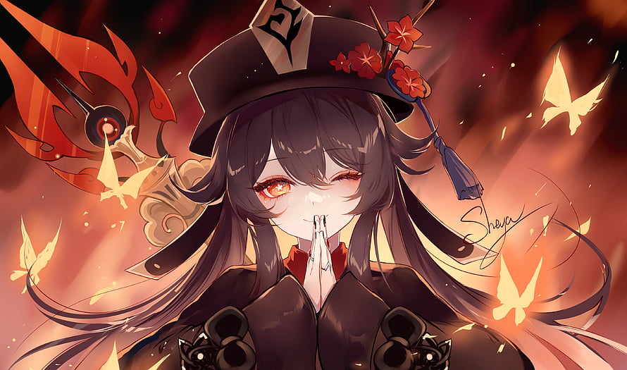Hu Tao from Genshin Impact in a dark hat with red flowers and glowing butterflies HD wallpaper