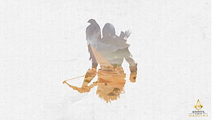 Assassin's Creed Origins Minimalist Double Exposure Artwork with Desert Landscape and Falcon HD wallpaper