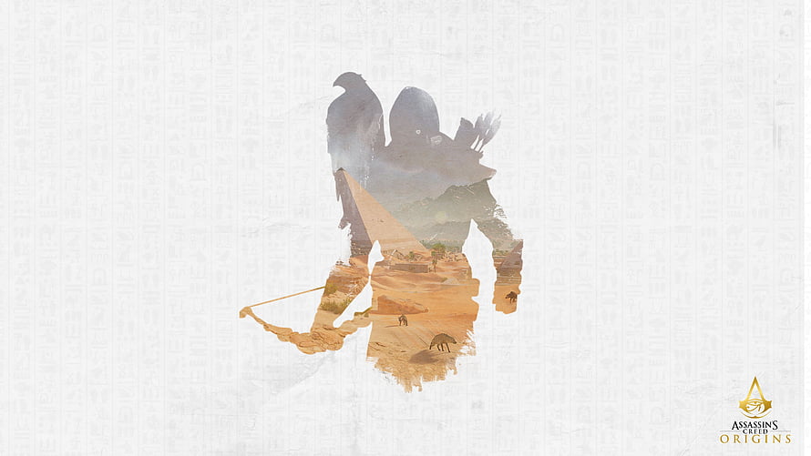 Assassin's Creed Origins Minimalist Double Exposure Artwork with Desert Landscape and Falcon HD wallpaper