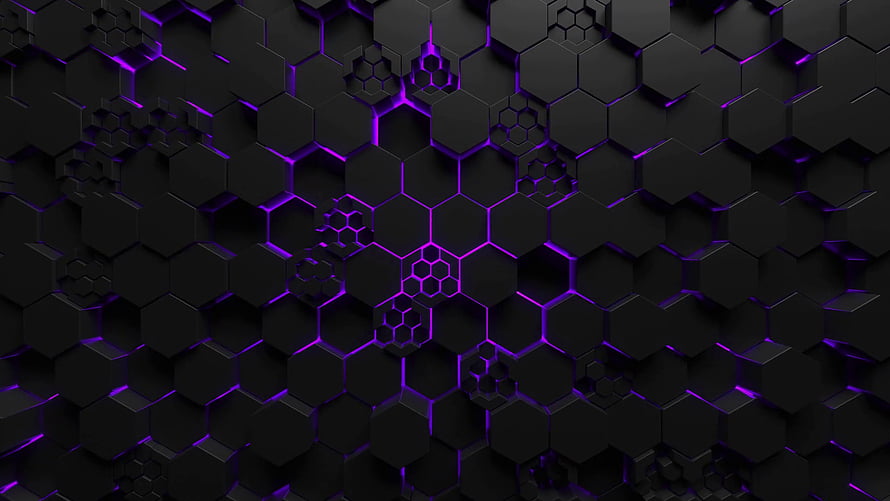 Dark 3D Hexagonal Grid with Neon Purple Glow and Fractal Depth HD wallpaper