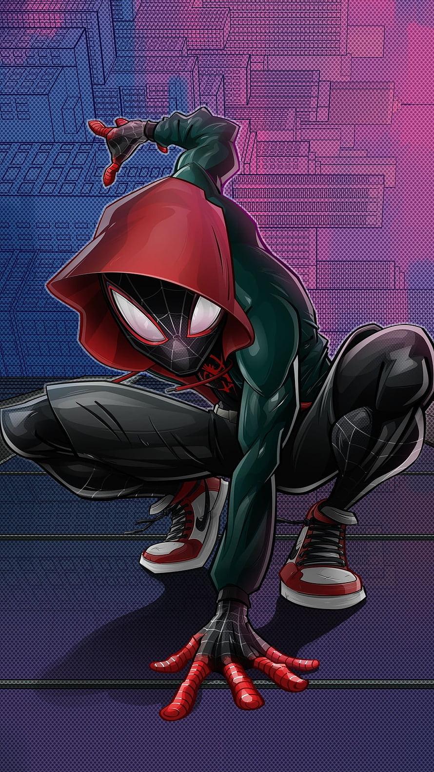 Miles Morales Spider-Man Crouching in Hooded Suit Against Neon City Skyline HD phone wallpaper