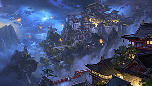 The Art of Ling Xiang: Majestic Chinese Mountain Fortress at Night with Floating Lanterns HD wallpaper