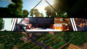 Minecraft Farming and Crafting Scene with Blocky Trees and Village HD wallpaper