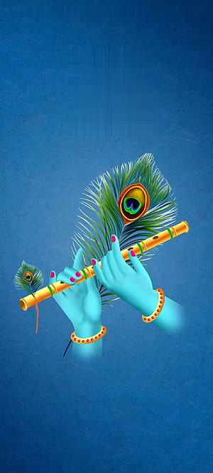 Divine Blue Hands Playing Bansuri Flute with Peacock Feathers on Textured Blue Background HD phone wallpaper