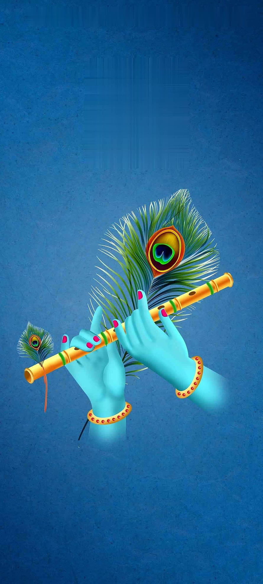 Divine Blue Hands Playing Bansuri Flute with Peacock Feathers on Textured Blue Background HD phone wallpaper