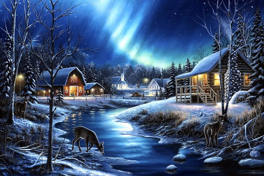Winter Village Night Scene with Aurora Borealis, Snowy Stream, and Deer HD wallpaper