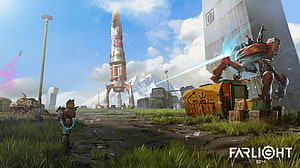 Farlight 84 Wasteland Royale Scene Featuring Character and Robot Combat HD wallpaper