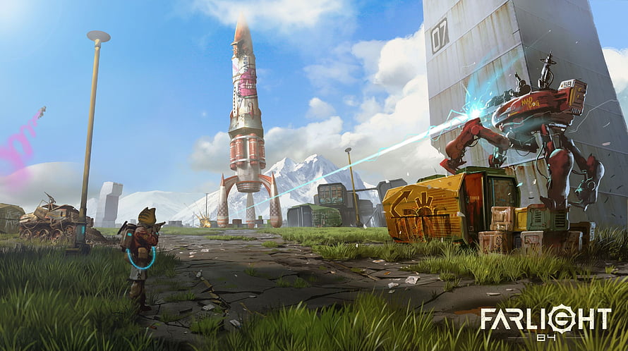 Farlight 84 Wasteland Royale Scene Featuring Character and Robot Combat HD wallpaper