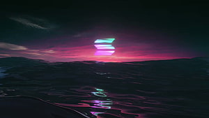 Solana Logo Glowing Over Dark Water at Dusk with Neon Pink and Cyan Reflections HD wallpaper