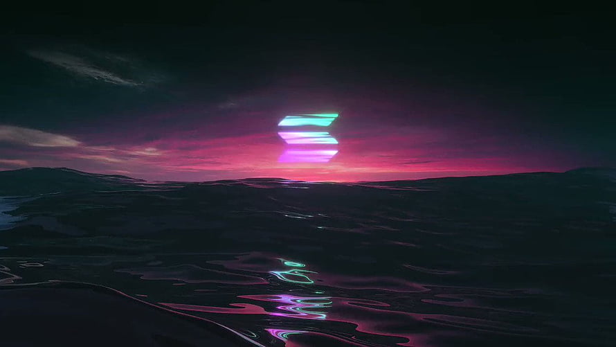 Solana Logo Glowing Over Dark Water at Dusk with Neon Pink and Cyan Reflections HD wallpaper