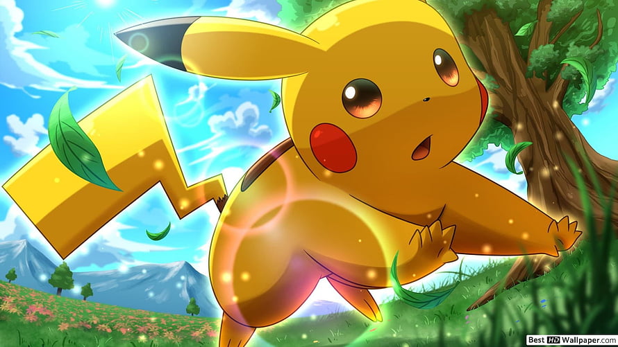 Pikachu Running Through a Vibrant Meadow with a Lightning Bolt Tail and Sparkling Effects HD wallpaper