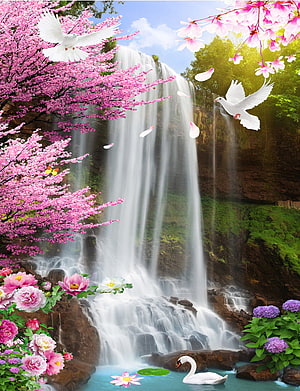 Spring Waterfall Scene with Cherry Blossoms, Peonies, and White Doves HD phone wallpaper