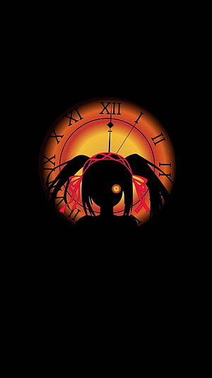 Kurumi Tokisaki Silhouette Against Glowing Clock Face HD phone wallpaper