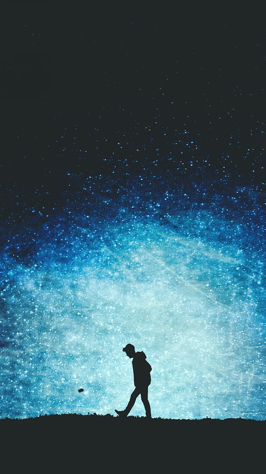 Silhouette of a Lone Boy Walking Beneath a Vast Blue Starry Night Sky HD phone wallpaper
