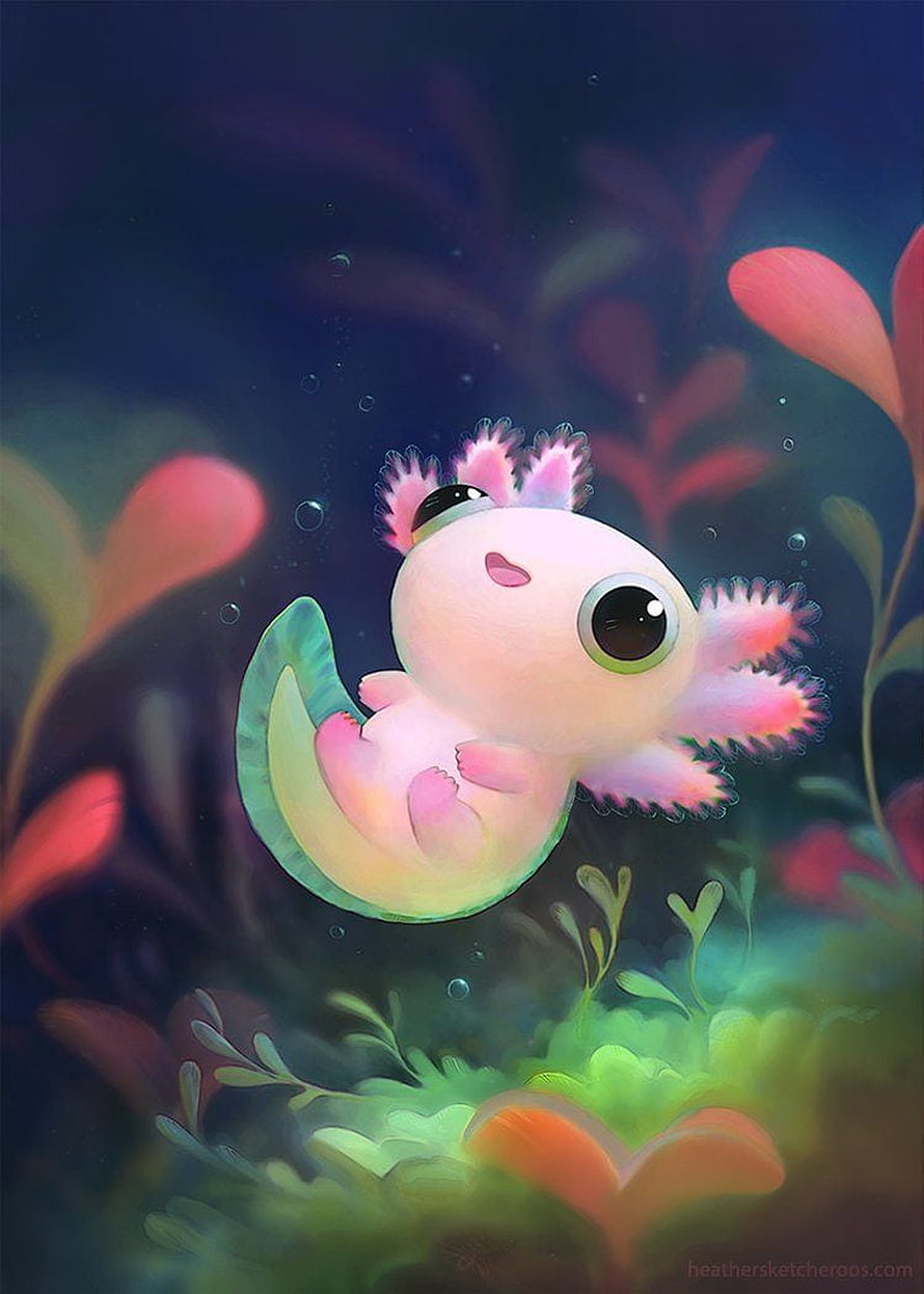 Cute Kawaii Axolotl Swimming in a Dreamy Underwater Garden HD phone wallpaper