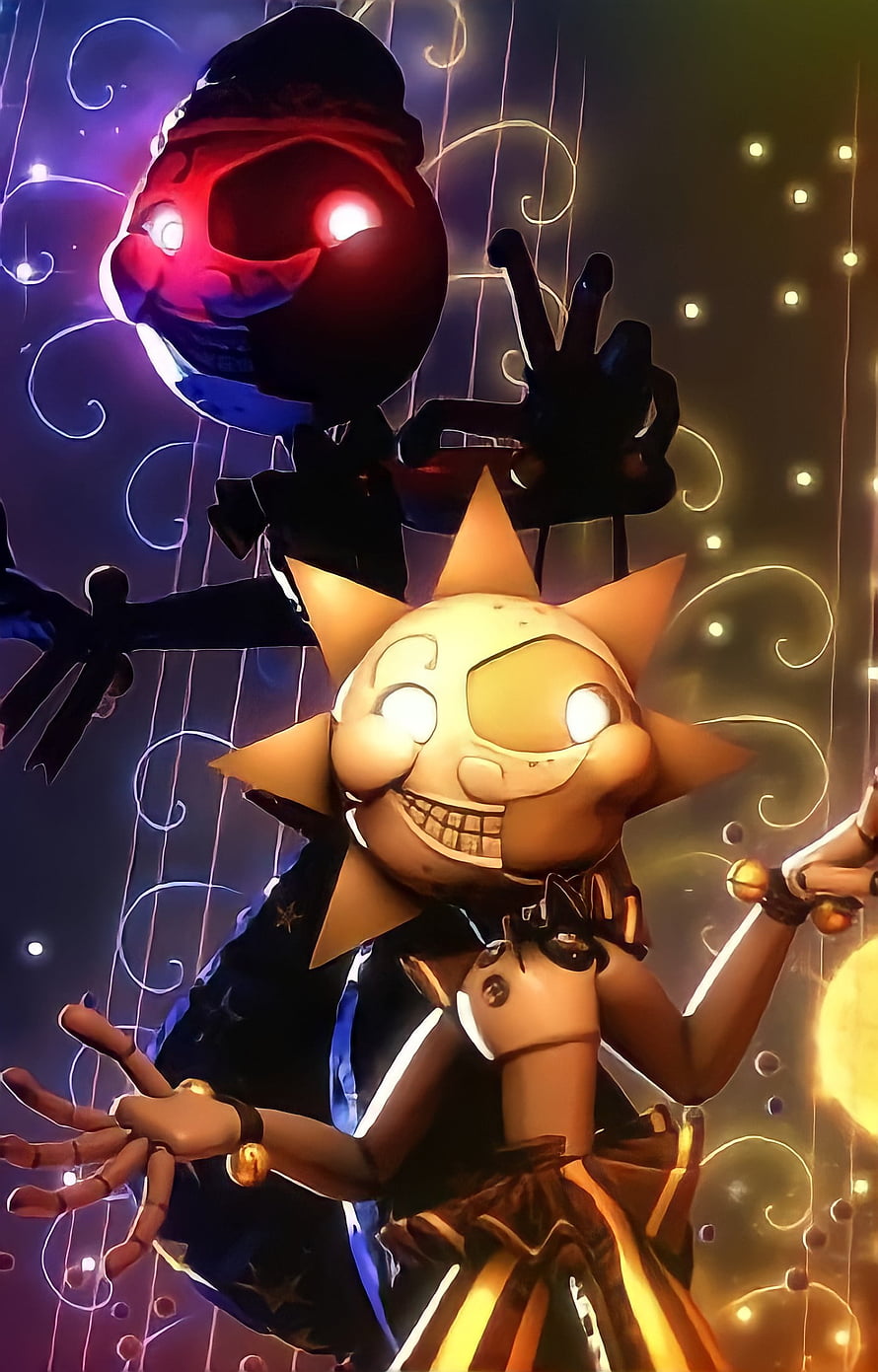 Sundrop and Moondrop animatronics from Five Nights at Freddy's Security Breach in a neon-lit stage setting HD phone wallpaper