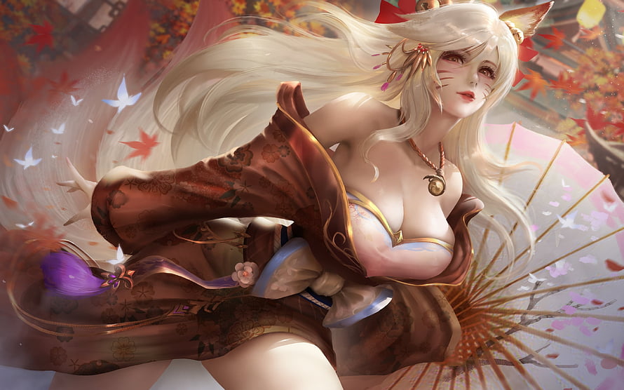 Ahri in a flowing autumn kimono holding a traditional paper parasol amidst falling maple leaves HD wallpaper