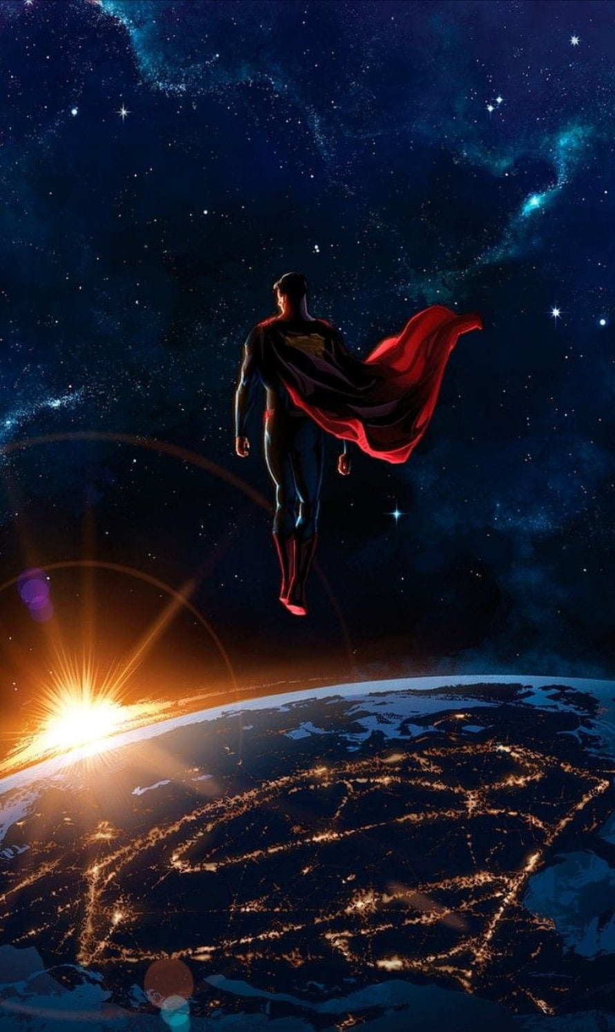 Superman Soaring Above Earth at Night with City Lights and Cosmic Nebula HD phone wallpaper