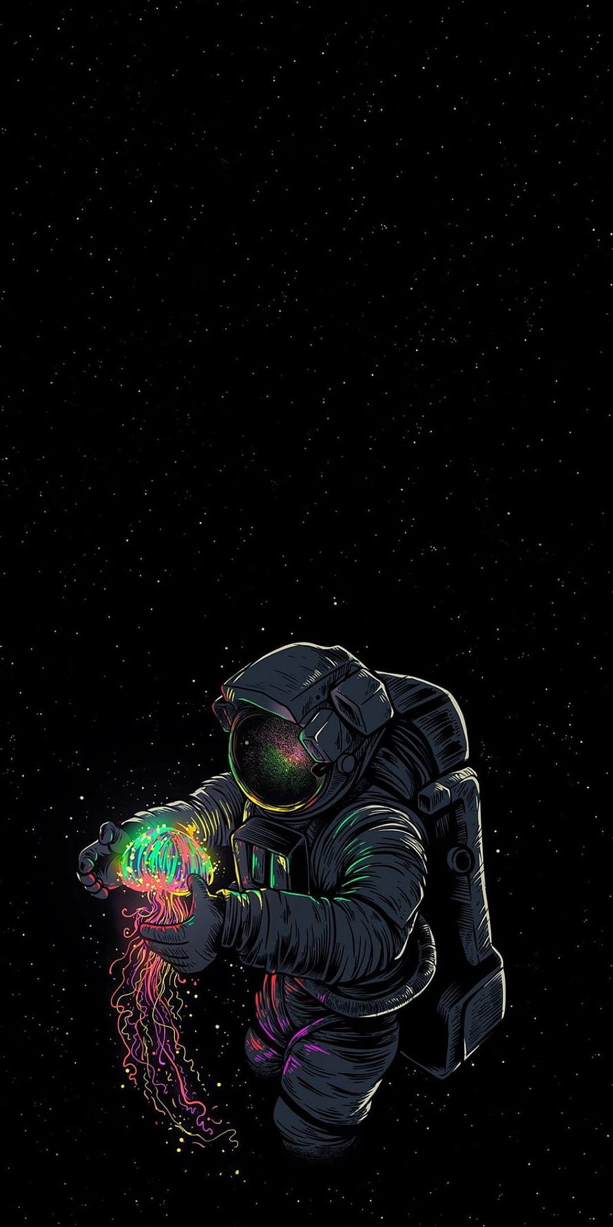 Astronaut Holding Glowing Jellyfish in Deep Space Starfield Illustration HD phone wallpaper