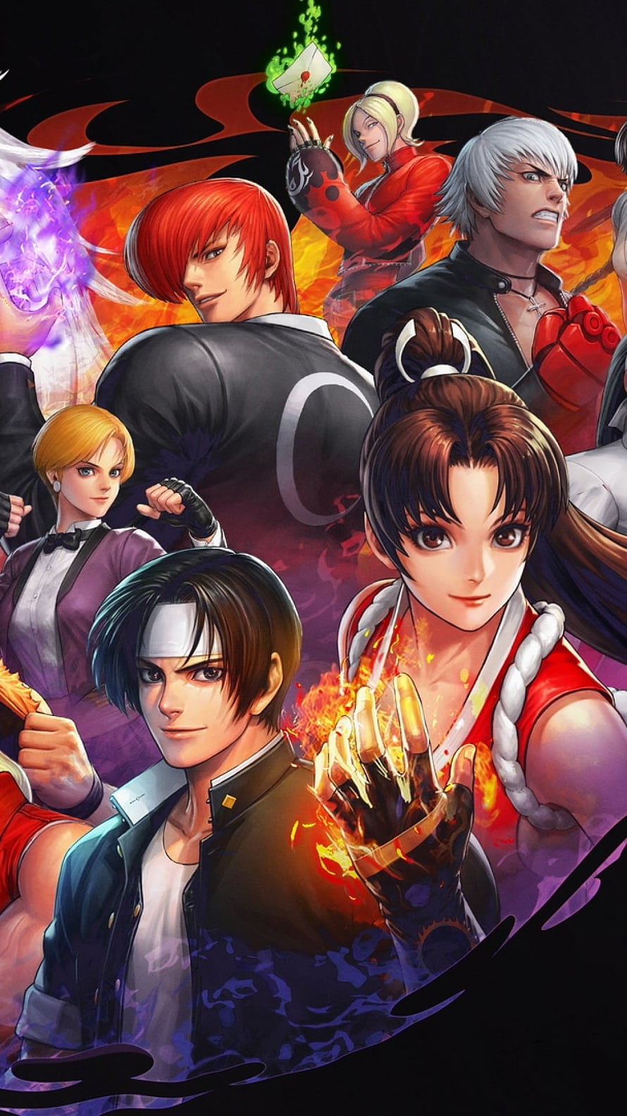 Kyo Kusanagi and Iori Yagami in a dramatic King of Fighters character lineup HD phone wallpaper