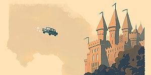 Harry Potter Aesthetic Illustration of a Flying Car and Castle in Warm Tones HD wallpaper