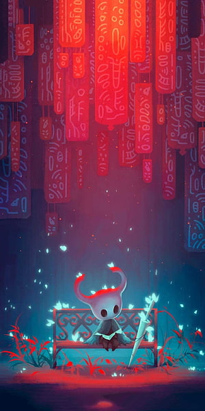 Hollow Knight character sitting on a bench beneath glowing red lanterns in a mystical forest setting HD phone wallpaper