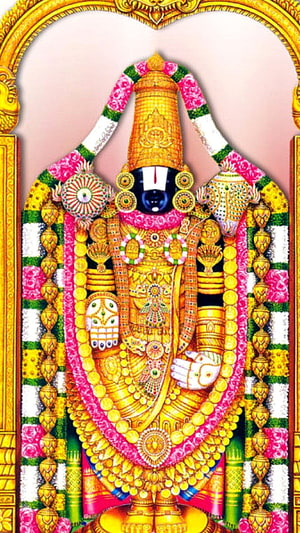 Lord Balaji Vishnu Deity Ornamented with Gold Jewels and Flower Garlands HD phone wallpaper