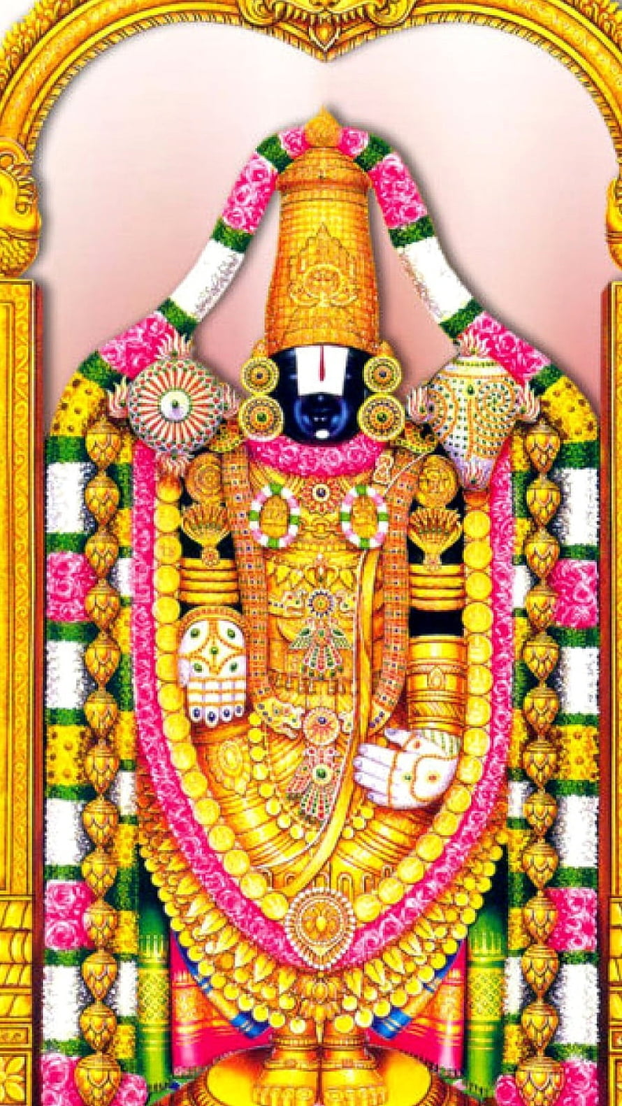 Lord Balaji Vishnu Deity Ornamented with Gold Jewels and Flower Garlands HD phone wallpaper