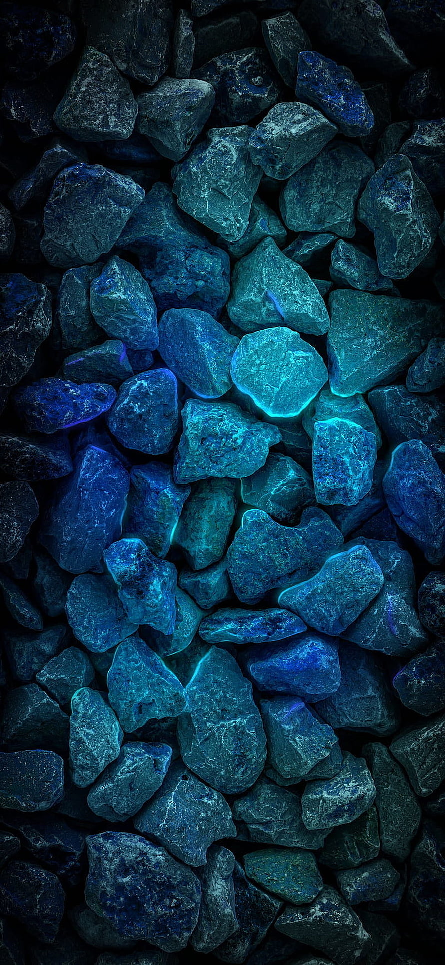 Glowing Blue Rocks and Stones with Neon Cyan Light in Dark Setting HD phone wallpaper