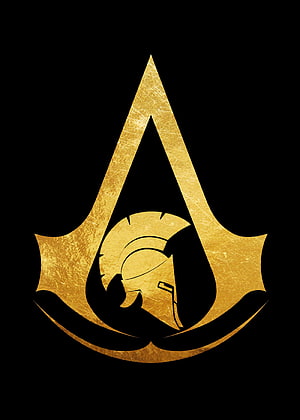 Assassin's Creed Odyssey Gold Spartan Helmet Emblem on Black Background HD phone wallpaper