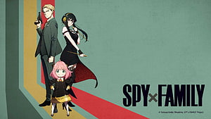 Spy x Family anime trio with Loid, Yor, and Anya in stylish action poses on a teal background HD wallpaper