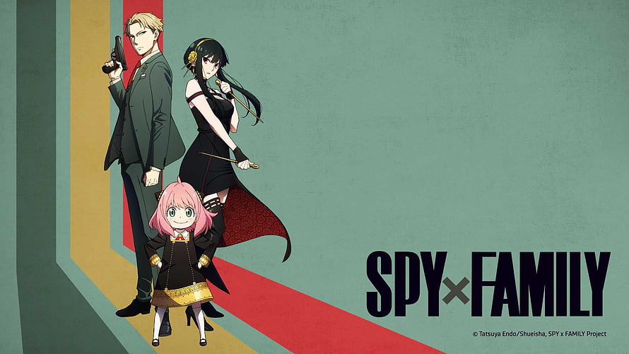 Spy x Family anime trio with Loid, Yor, and Anya in stylish action poses on a teal background HD wallpaper