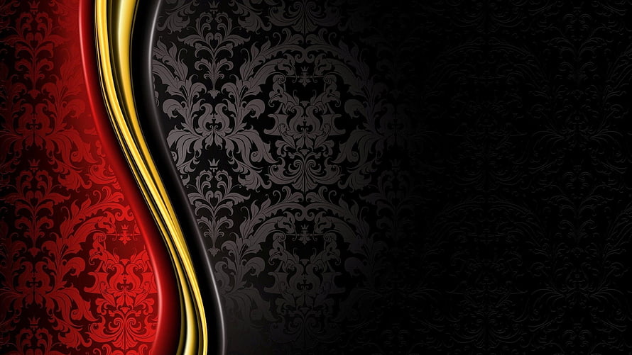 Luxurious Red and Gold Damask Pattern with Elegant Curved Border on Black Background HD wallpaper