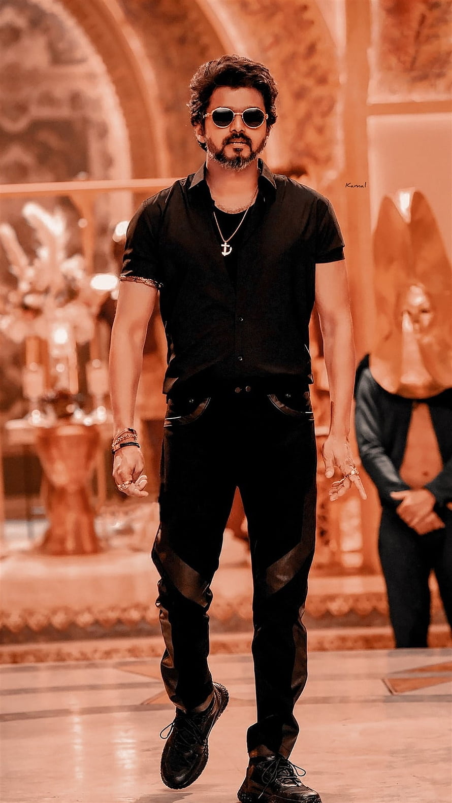 Vijay in Black Attire and Sunglasses Walking Through Ornate Hallway HD phone wallpaper