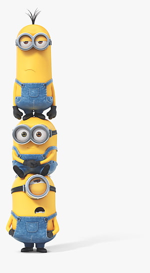 Three Minions Stacked Vertically in Denim Overalls on White Background HD phone wallpaper