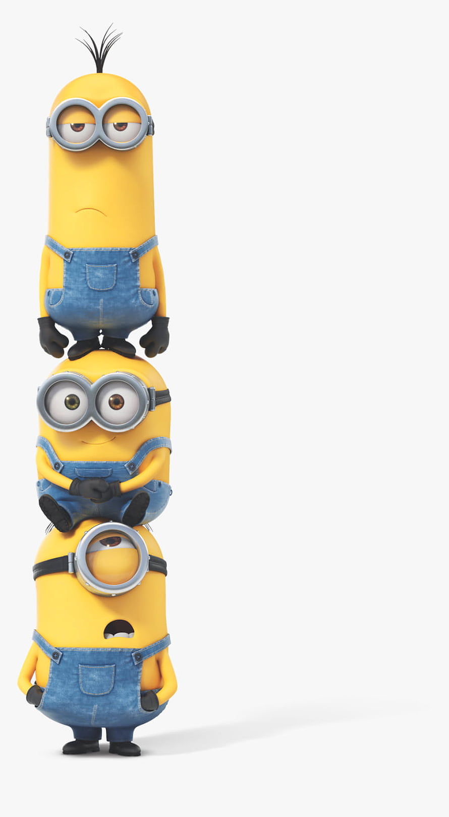 Three Minions Stacked Vertically in Denim Overalls on White Background HD phone wallpaper