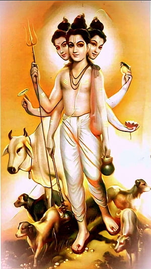 Dattatreya Hindu Deity with Trishula and Nandi Bull in Traditional Painting HD phone wallpaper
