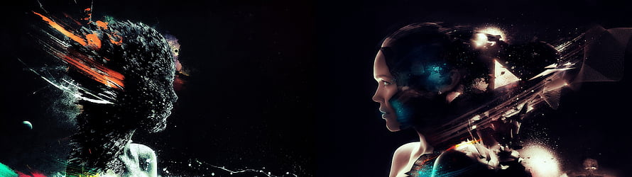 Abstract Digital Art of Two Profiles Dissolving Into Cosmic Particles and Glitch Effects HD wallpaper