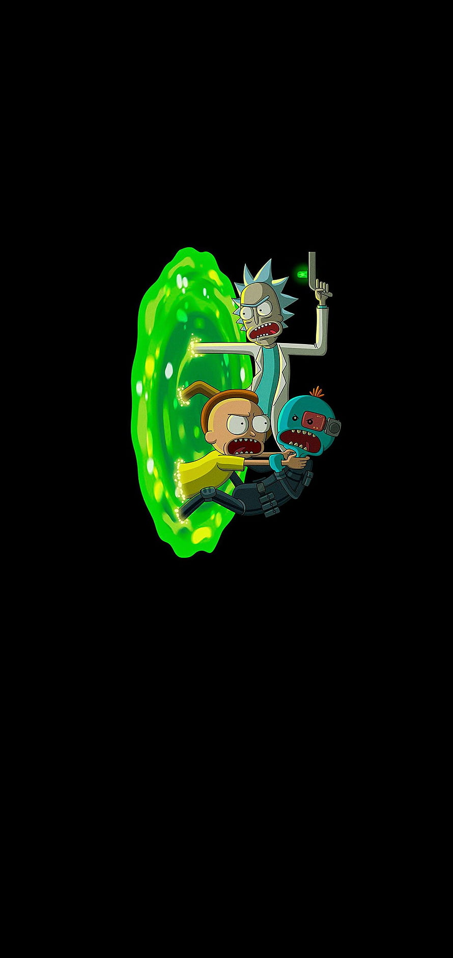 Rick and Morty Animated Characters in Green Portal on Black Background HD phone wallpaper